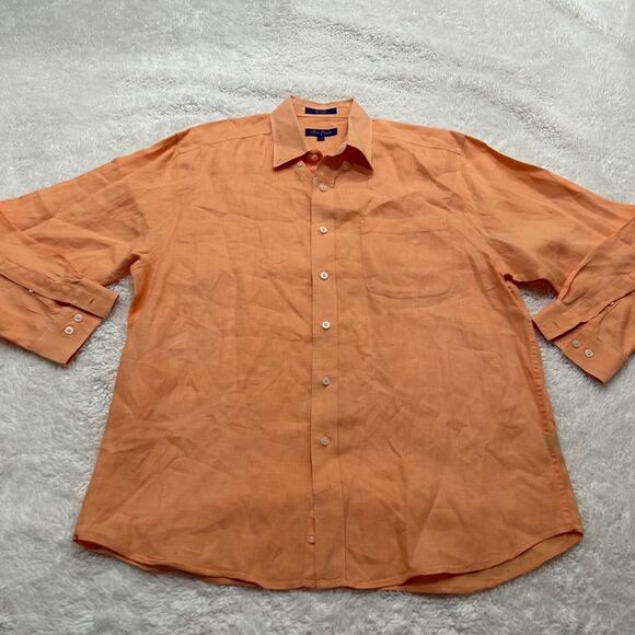 Alan Flusser Men's Linen Shirt Orange Button Up Short Sleeve VGC Sz L - Picture 2 of 6